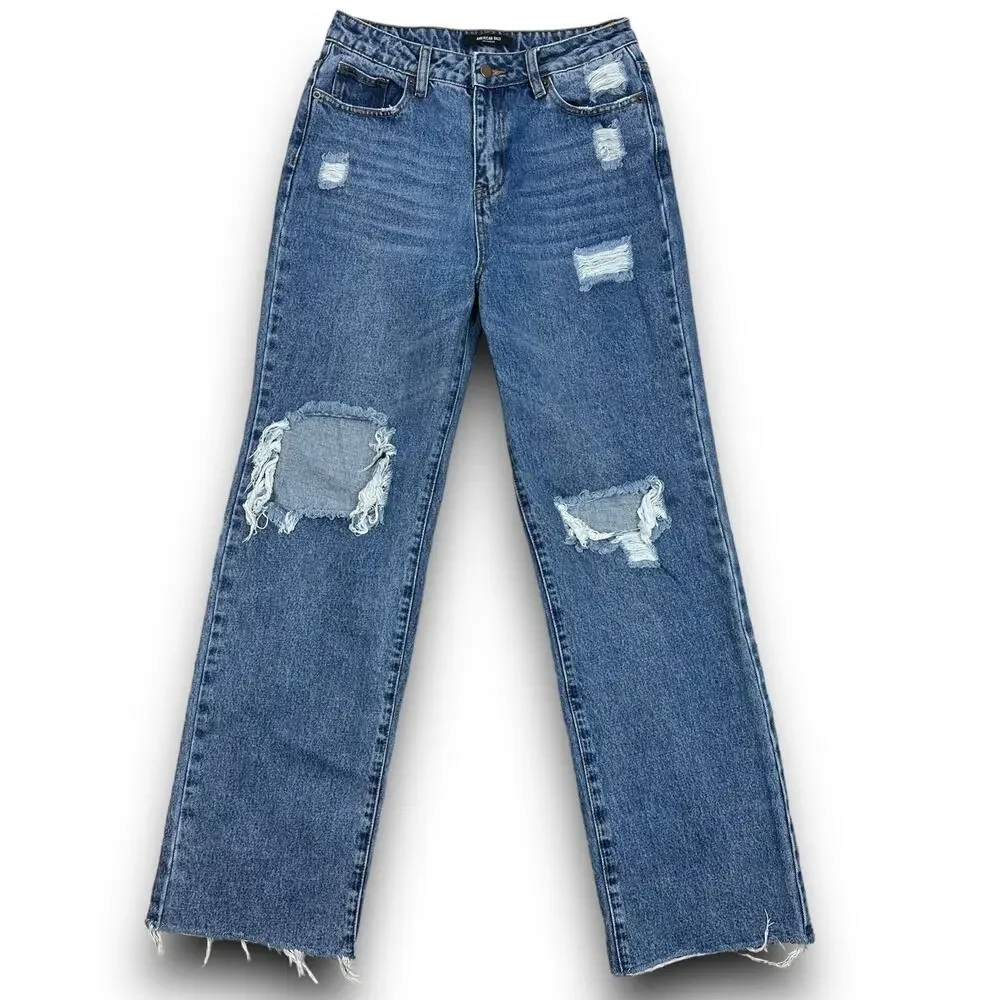 American Bazi Womens High Rise Waist Straight Wide Leg Jeans Distressed Size 5 - Picture 1 of 7